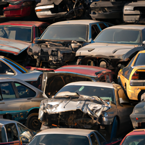 1. A panoramic shot of a car junk yard, filled with rows of old vehicles waiting to be recycled.